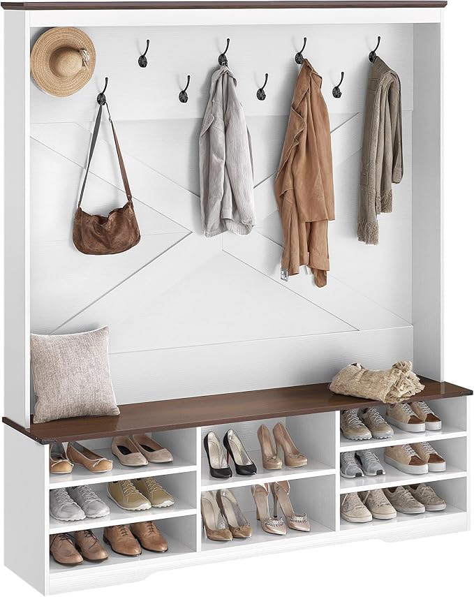 YITAHOME Hall Tree with Bench and Shoe Storage, Mudroom Storage Modern Shoe Cabinet with Bench & 9 Double Prong Hooks, for Entryway & Living Room, Walnut & Off-White