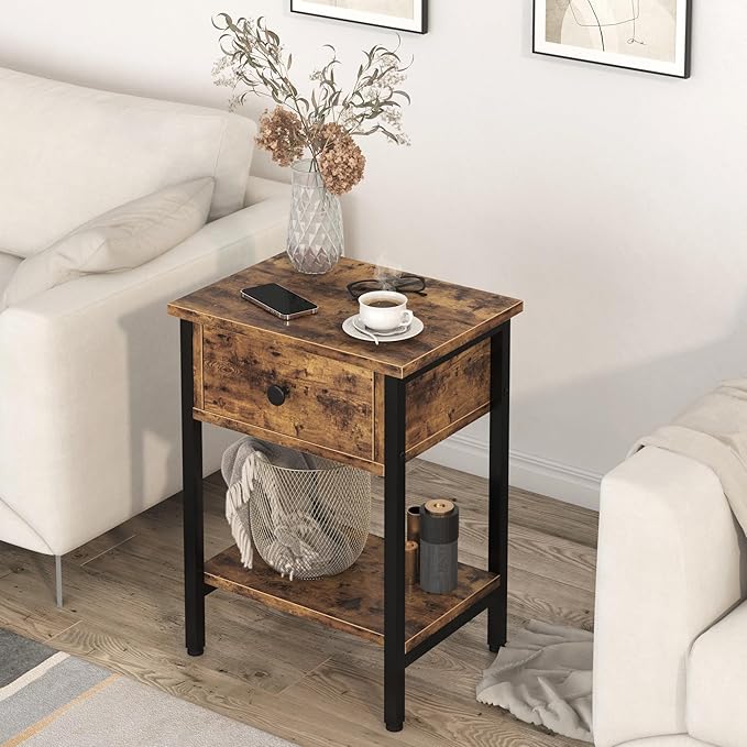 Nightstands Set of 2 with Wood Drawers, Bedside Table Set of 2 with Storage Shelf, Heavy Duty End Side Table for Bedroom Living Room Bedroom Small Space Sofa Couch, Wooden Metal Night Stand, Black