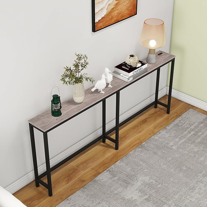 HOMERECOMMEND Sofa Tables Console Table with USB Ports,Behind Couch Table with Oulets & USB Ports,Narrow Entryway Table, Skinny Hallway Tables,Grey