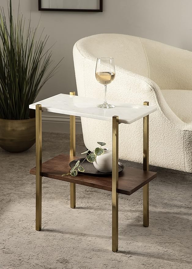 Kate and Laurel Abcott Midcentury Side Table, 20 x 12 x 24, Walnut Brown and Gold, Decorative Two-Tier Bedroom Nightstand Table with Genuine Marble Tabletop