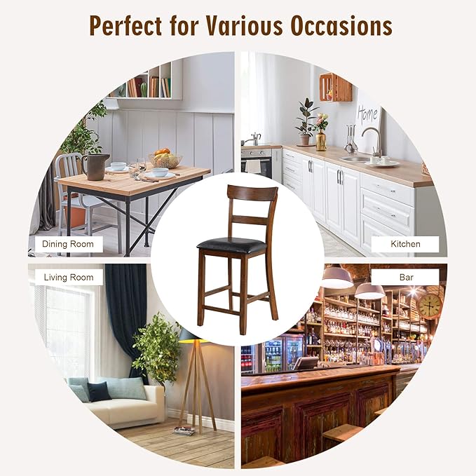 COSTWAY Bar Stools Set of 2, 25.5-Inch Counter Height Chair with Backrest, Foam-Padded Cushion, Rubber Wood Legs, Wooden Vintage Dining Chair for Bistro, Living Room, Kitchen, Brown and Black