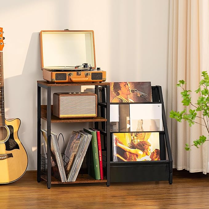 LELELINKY Record Player Stand with Vinyl Storage, 3 Tier Turntable Stand with Display Shelf Storage Up to 180 Albums,Brown End Table Records Cabinet for Media Stereo Speaker, Amplifiers, Magazines