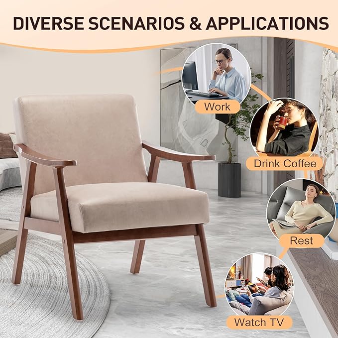 KEIKI Mid Century Modern Accent Chair w/High Wingback,Comfy Fabric Living Room Chairs with Solid Wood Frame, Lounge Reading Armchair, Easy Assembly, Light Camel