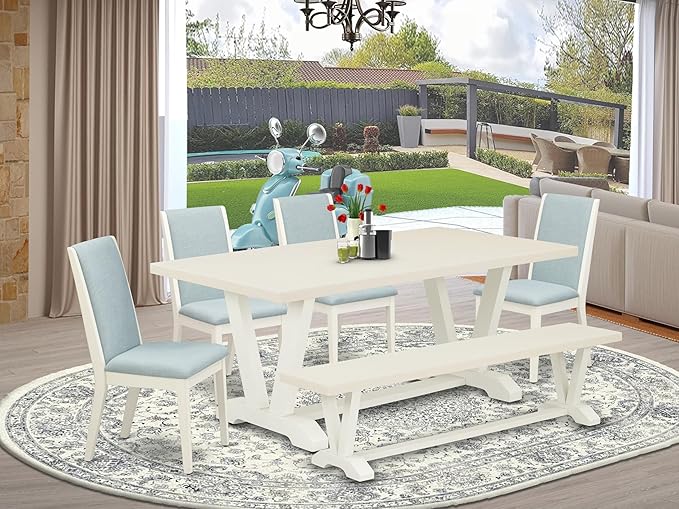 East West Furniture V027LA015-6 6 Piece Dining Room Set Contains a Rectangle Dining Table with V-Legs and 4 Baby Blue Linen Fabric Parson Chairs with a Bench, 40x72 Inch, Multi-Color