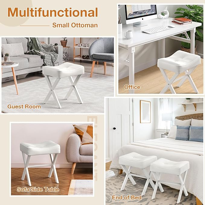 18-Inch Leather Vanity Stool Chair, Vanity Bench with Metal X-Leg, Ottoman Foot Stool with Thick Padded Saddle Seat, White