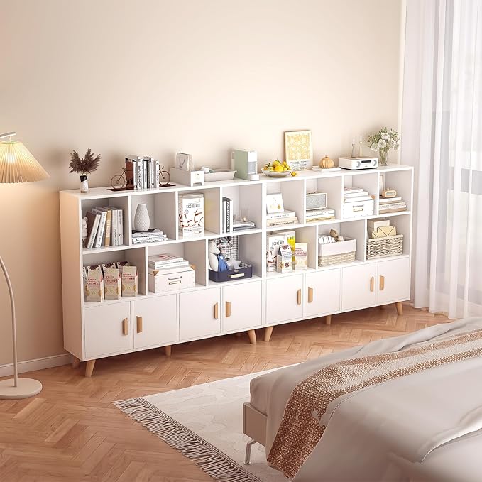 Cubby Shelf Bookcase with Doors - Wooden 11 Cube Floor Standing Open Bookshelf with Solid Wood Legs, 3-Tier Storage Cabinet, Warm White