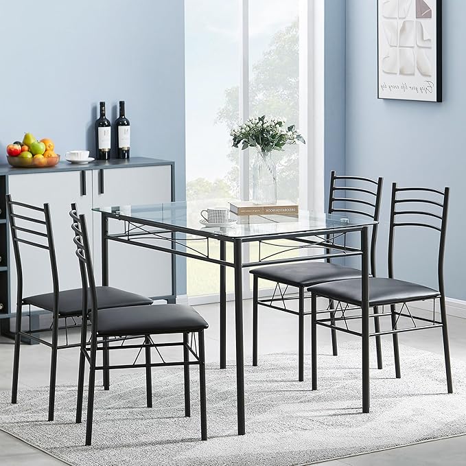 VECELO Kitchen Dining Table and Chairs Set for 4, PU Padded Seat & Glasses Tabletop, Space Saving, Matte Black