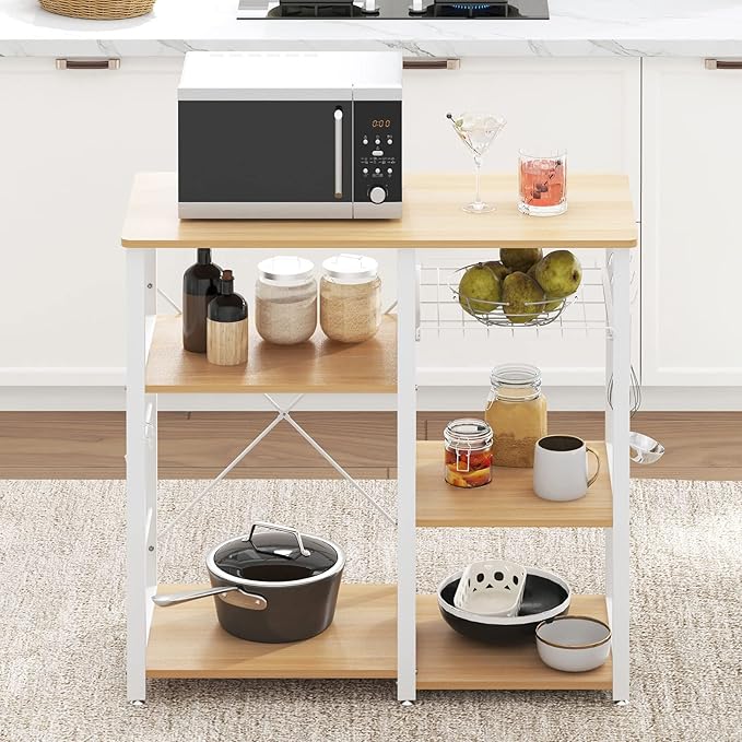 soges Kitchen Bakers Rack with 5 Hooks, Microwave Stand, Coffee Bar Station, Industrial Storage Shelf with Wire Basket, Adjustable Feet, Sturdy Metal Frame for Kitchen, Pantry, Living Room, White Oak