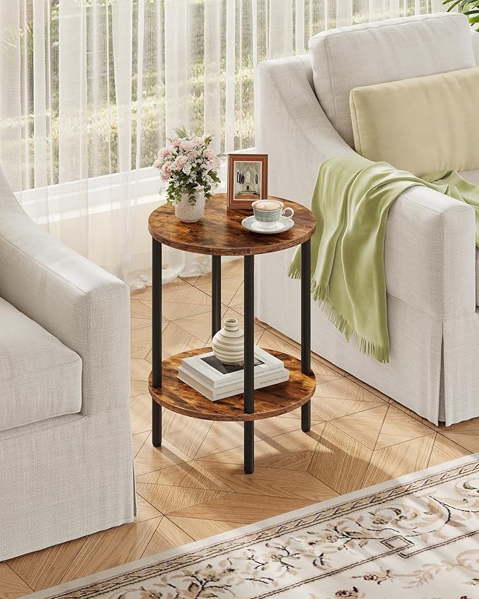 Round Side Table, 2-Tier End Table, Small Side Table with Metal Tube, Industrial Coffee Table, for Living Room, Bedroom, Rustic Brown and Black TBZ11BF