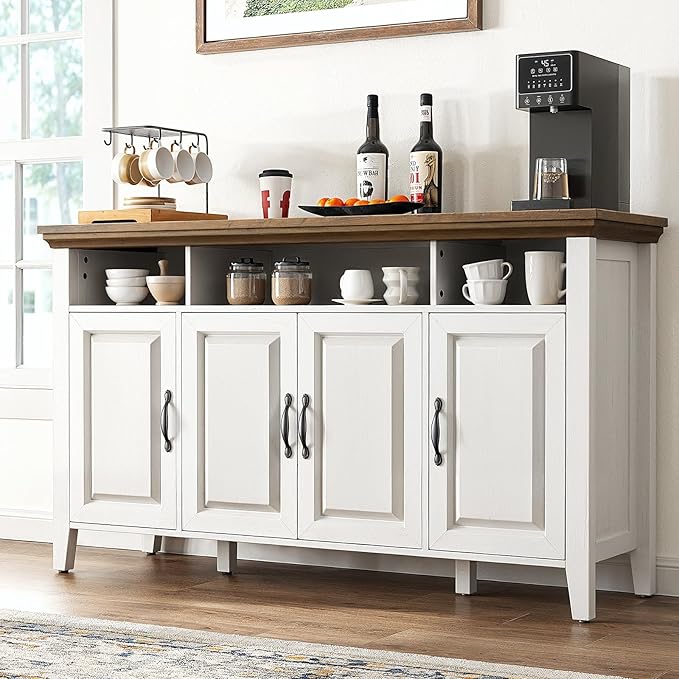 Marsail Sideboard Buffet Cabinet with Storage, 55" Farmhouse Kitchen Buffet Bar Table 4 Door Storage Cabinets for Dining Room Furniture, Brown & White