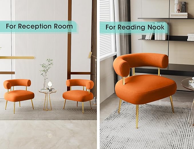 Modern Velvet Accent Chair, Round Upholstered Barrel Armchair for Small Spaces, Fluffy Side Corner Sofa Chair for Living Room, Bedroom, Vanity, Office, Reading Nook(Orange)