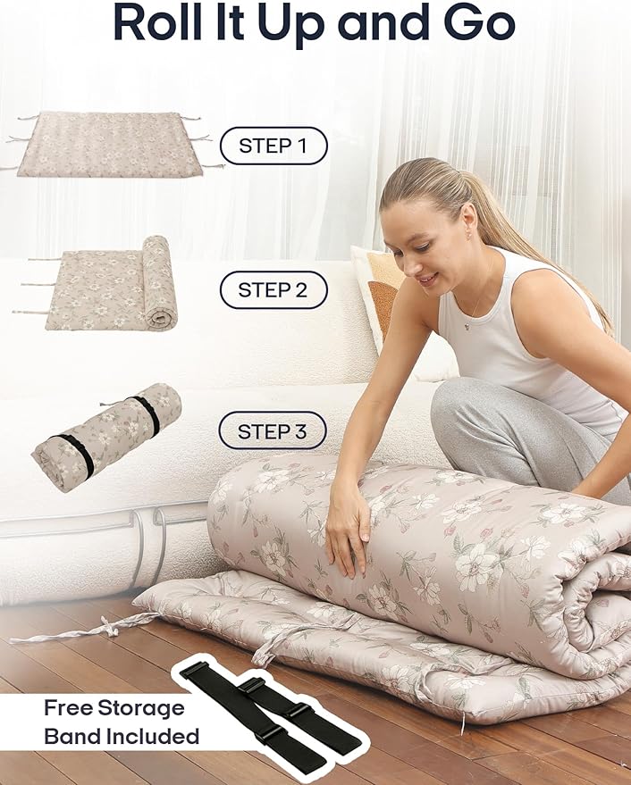 Syrinx Japanese Floor Futon Mattress, Foldable Tatami Sleeping Pad for Adults & Kids, Roll-Up Floor Bed or Bench Cushion