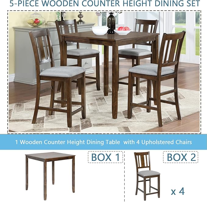 KEIKI 5-Piece Counter Height Dining Table Set with Square Table and 4 Upholstered Slatted Backrset Chair, for 4 Person, Modern Style Wooden Table Set, Easy Assembly, for Kitchen, Dining Room, Walnut
