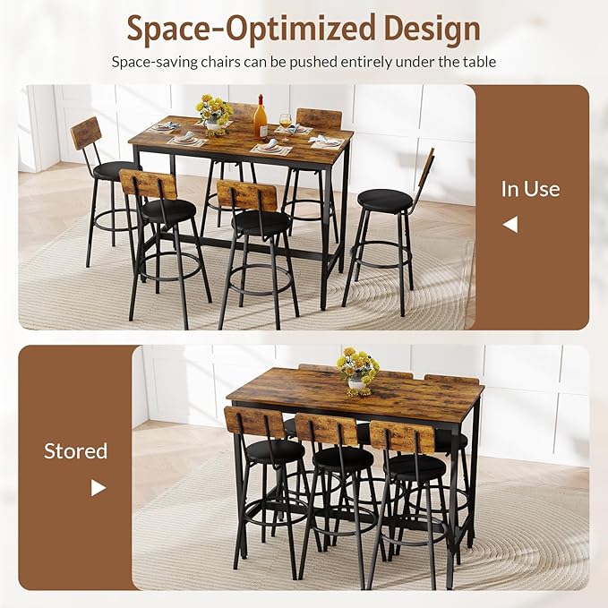 Rovibek Dining Table Set for 6, Bar Table and Chairs Set, Modern 6 Piece High Top Table and Chairs, Industrial Bar Height Pub Tables for Kitchen, Dining Room, Brown