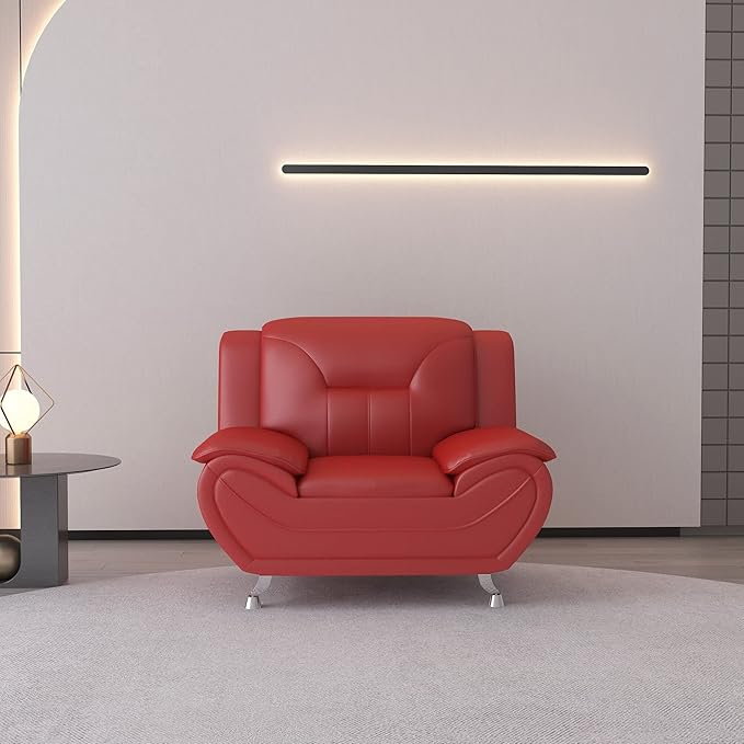 Container Furniture Direct Michael Modern Faux Leather Upholstered Stainless Steel Legs Living Room Sofa, Chair, Persian Red
