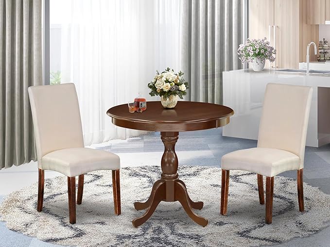 East West Furniture AMDR3-MAH-01 3 Piece Dinette Set for Small Spaces Contains a Round Kitchen Table with Pedestal and 2 Cream Linen Fabric Parson Dining Chairs, 36x36 Inch, Mahogany