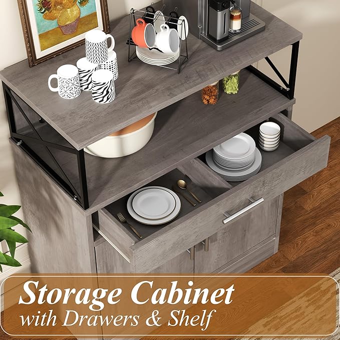 Shintenchi Kitchen Buffet Cabinet with Adjustable Shelf, Modern Kitchen Storage Cabinet,Farmhouse Coffee Bar Cabinet（Ash Grey）