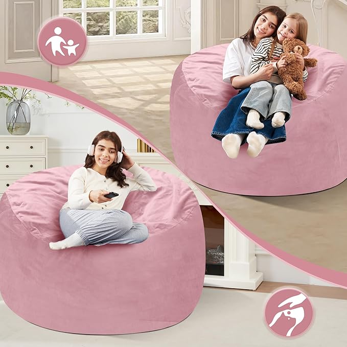 Homguava 4 FT Bean Bag Chair: 4' Bean Bags with Memory Foam Filled, Large Beanbag Chairs Soft Sofa with Dutch Velvet Cover-Light Pink