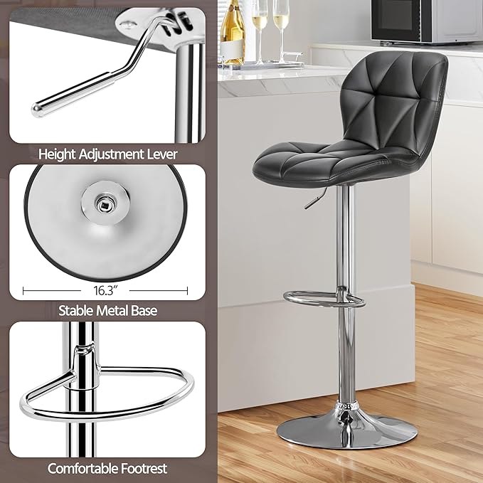 Yaheetech Bar Stools Set of 4, Adjustable PU Leather Swivel Barstools, Modern Counter Stools with Back and Footrest, Counter Height Barstools for Bar, Kitchen, Dining Room, Grey