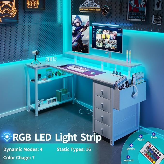Lufeiya White L Shaped Computer Desk with Fabric Drawers, 55 Inch Corner Home Office Desk with Monitor Stand Shelves, Writing Study Gaming Desks with Led Lights and Power Outlets for Bedroom, White