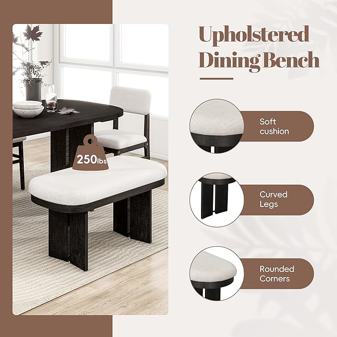 Merax Farmhouse Wooden Dining Set of 6, 65 Inch Rectangular Kitchen Table, Upholstered 4 Chairs with Backrest, Bench with Cushion, Easy Assemble, Espresso