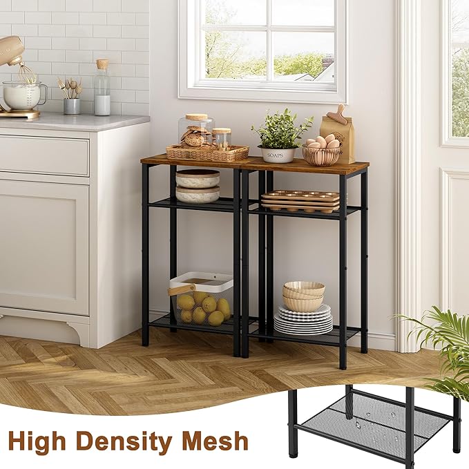 Hoctieon 2-Set 3 Tier End Table, Telephone Table Set of 2, Tall Side Table with Storage Set of 2, Small Nightstand for Small Spaces, Metal Frame, for Living Room, Bedroom, Sofa Couch, Rustic Brown
