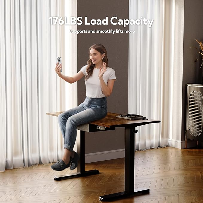 Seang Standing Desk with Drawer, 40" x 24" Height Adjustable Stand Up Desk, 3 Memory Height Settings with Cable Grommets & Storage Hooks, Ideal for Home & Office, Rustic Brown