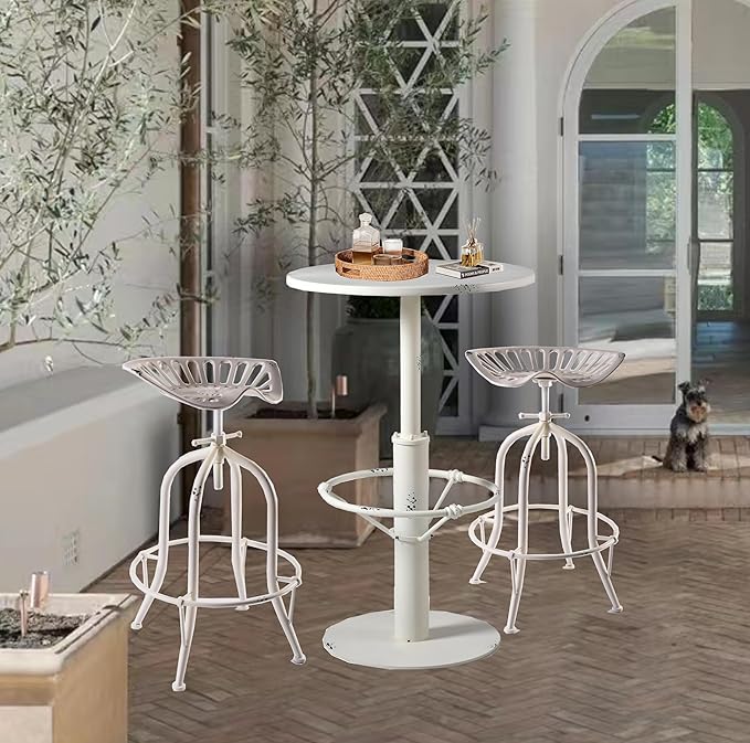 Diwhy Industrial Pub Table 23.6" Iron Round Desktop 37.4" Height Cast Iron Bar Table Antique White