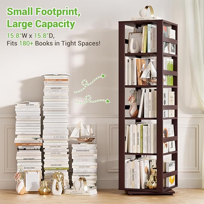 Homykic Rotating Bookshelf, Bamboo 360 Display Spinning Bookshelf Tower, 5-Tier Small Corner Bookcase for Small Spaces, Narrow Revolving Book Shelf Organizer Rack for Home Office, Espresso