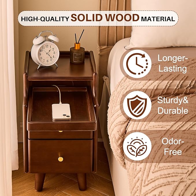 Uniclinens Narrow Nightstand with Drawers, Small Slim Solid Wood Bedside Table for Bedroom, Modern End/Side for Living Room, Walnut