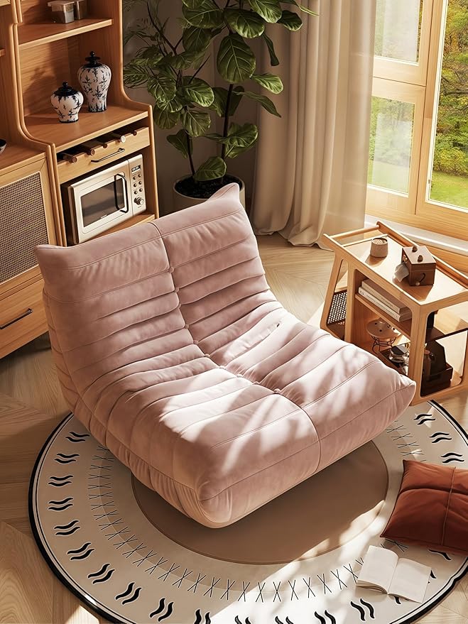 Bean Bag Chair - Memory Foam Bean Bag Chair for Adults, Comfy High-Resilience Single Sofa, Small Space Floor Chair, Chaise Lounge for Living Room, Bedroom (Pink, Wrinkles)