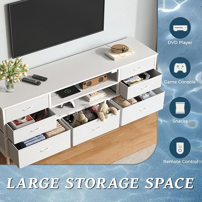 Huuger Dresser for Bedroom With Power Outlets and LED Lights, 7 Drawers TV Stand for 60 Inch TV, Console With Open Shelf, 55 Inches Wide White, PU Leather