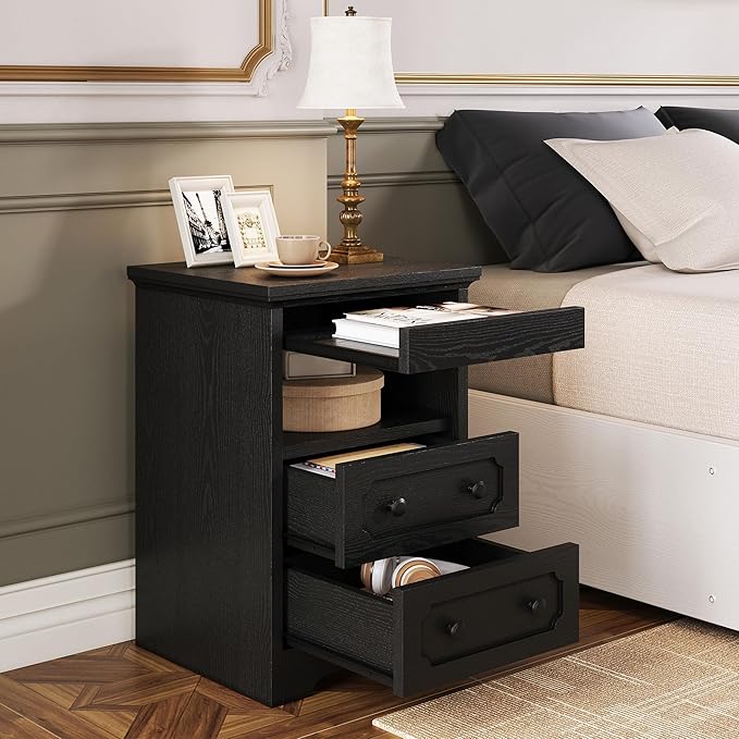 LIKIMIO Night Stand, Modern Bedside Table with 2 Drawers, Open Shelf, End Table with Pull-Out Tray, Wood SideTable, Black