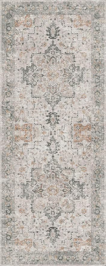 GENIMO Runner Rug 2'6''x12, Non Slip Vintage Hallway Runner Rugs, Low Pile Lightweight Machine Washable Mat for Hallway, Entryway, Bedroom, Kitchen and Corridor, Light Taupe Brown