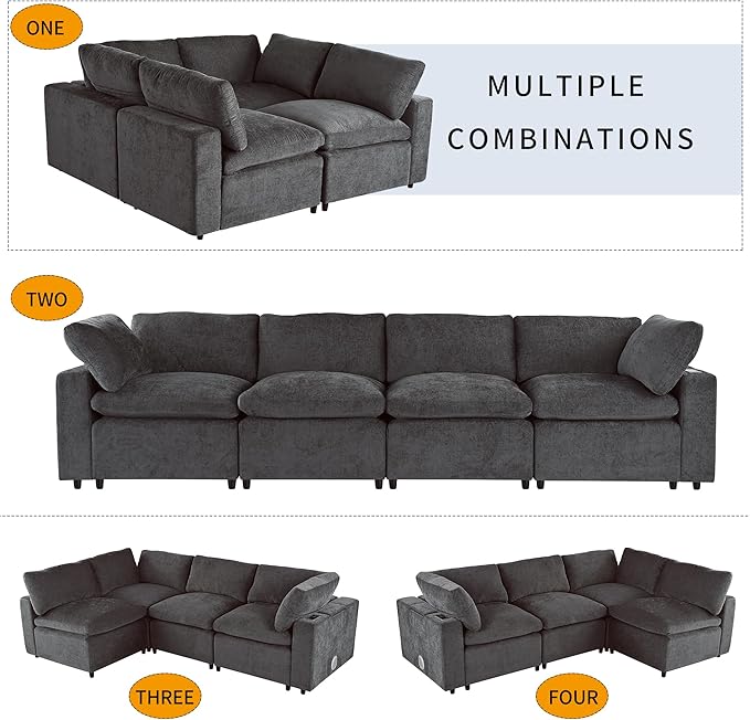 133.9 Inch Modular Convertible Sectional Sofa with Storage, USB Ports, Wireless Charging & Built-in Speaker in Arm, L-Shaped Upholstered Sleeper Couch for Living Room Office, Gray