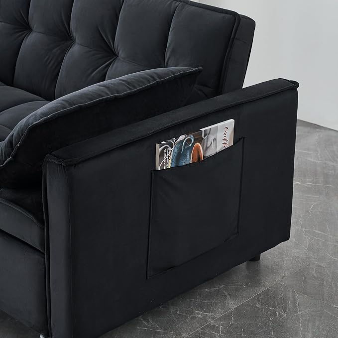 Ball & Cast 55" Convertible Sleeper Sofa Bed,Convertible Pull Out Couch with 2 Pillows,Adjustable Backrest & Side Pocket,Loveseat Futon Sofa Bed for Living Room,Apartment,Velvet Fabric,Black