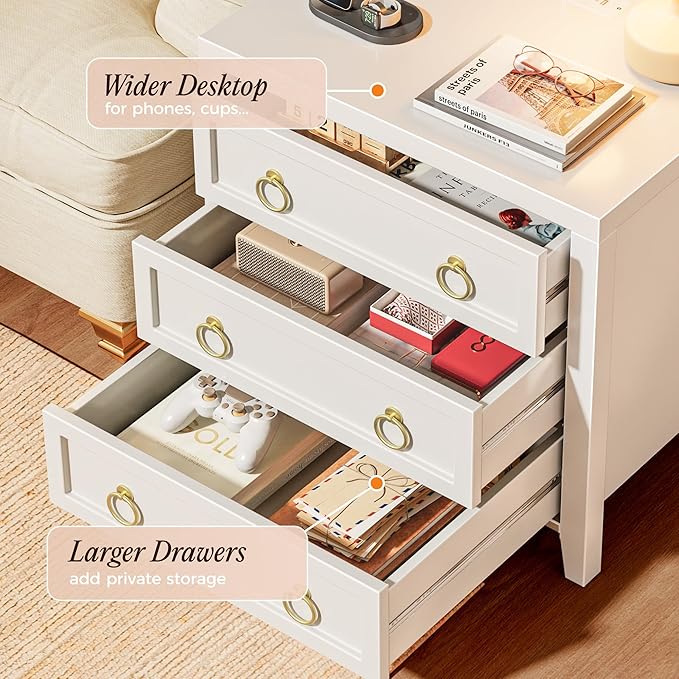 Huuger 23.6 Inch Night Stand with Charger Station and USB-C Port, 3 Drawer Nightstand, Larger Wider Bedside Table, Modern Side End Table, for Bedroom, White Nightstand