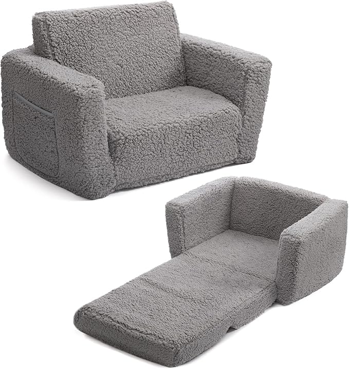 ALIMORDEN 2-in-1 Flip Out Cuddly Sherpa Toddler Couch, Convertible Sofa to Lounger, Grey