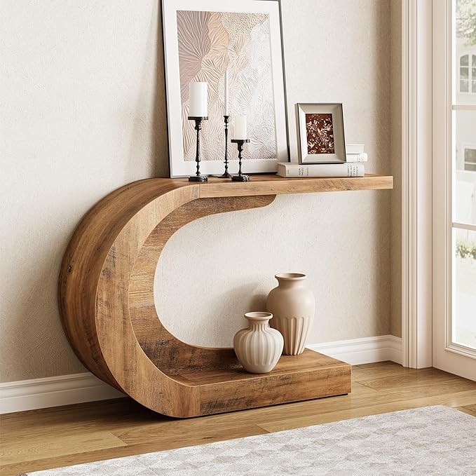 LITTLE TREE 43.3-Inch Farmhouse Console Table, 2-Tier C-Shaped Sofa Table Behind The Couch, Wooden Narrow Entryway Hallway Foyer Table for Living Room, Entrance, Rustic Brown