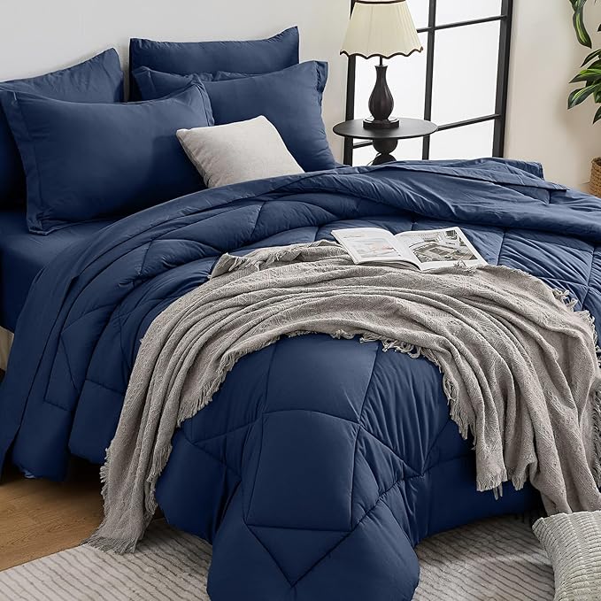 HEVUMYI Navy Blue Queen Comforter Set - 7-Piece All Season Bed in a Bag Queen, Ultra Soft Bedding Set with Comforter, Flat Sheet, Fitted Sheet, Pillowcases, Pillow Shams, Navy Blue