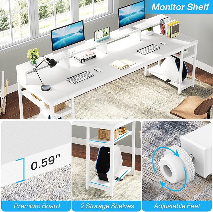 Tribesigns Two Person Desk with Monitor Stand, 78.74" Long Double Computer Office Desk with Storage Shelves, Large Gaming Desk Study Writing Table Workstation for Home Office (White)
