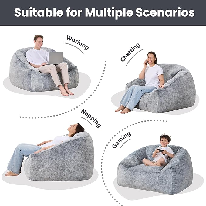 Bean Bag Chairs for Adults, Giant Beanbag Sofa Comfy Reading Chair, Oversized Bean Bag Chairs for Living Room Bedroom, Soft Faux Fur Fabric, 3.2FT, Dark Grey, Plush