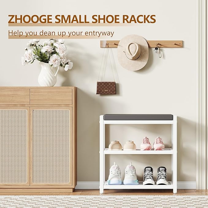 Small Shoe Bench Shoe Rack Storage Bench Entryway Bench Shoe Shelf with Seat Cushion, Stable Shoe Organizer for Entryway, Living Room, Bench Seat Holds Up to 300 lb, (18"L x 12"W x 17"H, White)