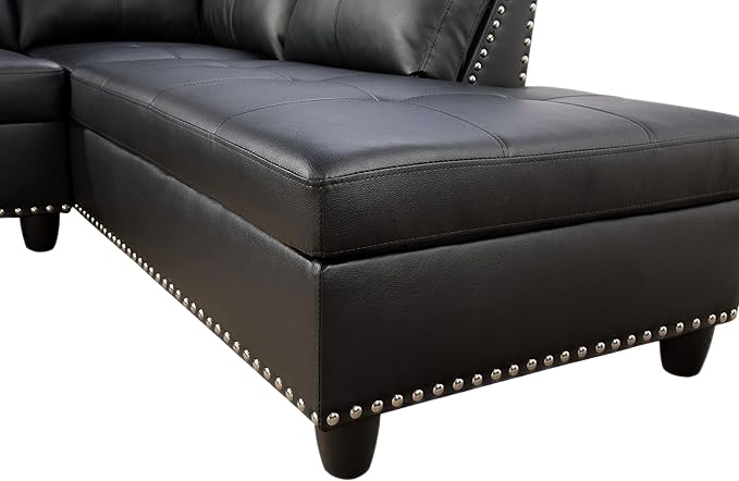 L Shaped Sectional Sofa with Ottoman, Nail-Head Design Leather Right Facing Modern Couches with Cup Holder for Living Room, Bedroom, Office, Black Leather