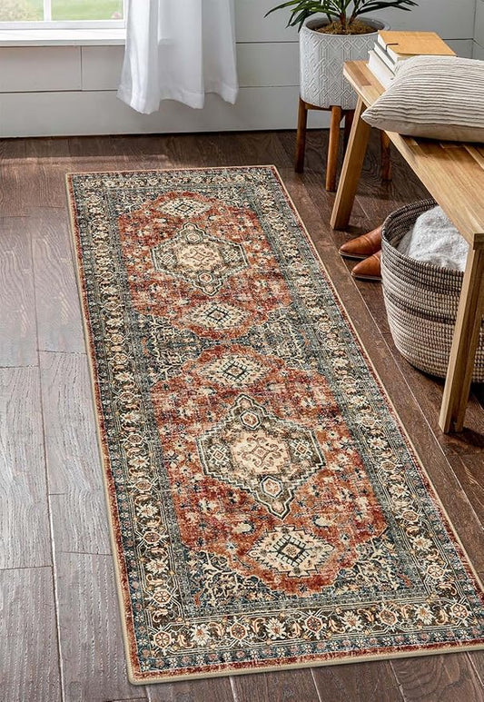 Lahome Oriental Washable Kitchen Runner Rug, 2x6 Carpet Runners for Hallway 6ft Non Skid, Vintage Soft Hallway Rug for Bathroom Bedroom Entryway, Brick Red