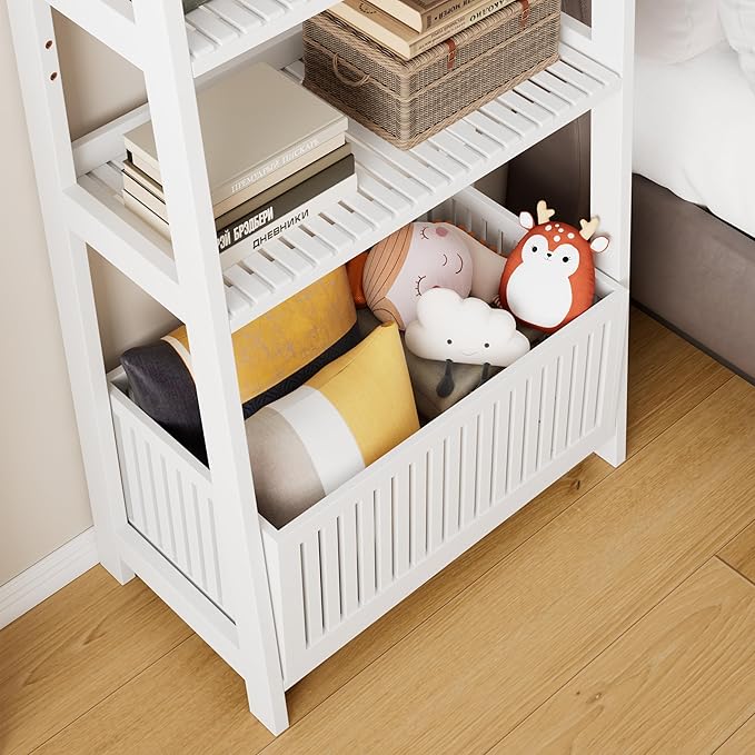 Bamjoy Bamboo White Bookshelf with Slatted Basket, Ladder Bookcase with 4 Display Shelves and 1 Open Storage Basket, Multifunctional Storage Rack Organizer for Home Office, Bedroom, Living Room, 66” H
