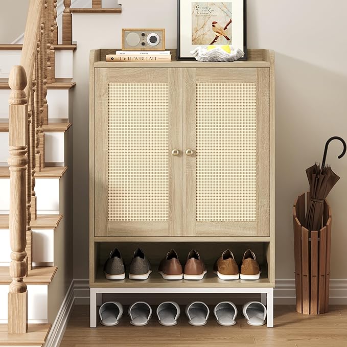 Rattan Shoe Cabinet Storage for Entryway, Shoe Cabinet with Adjustable Shelves for Entryway, 5-Tier, 20 Pair Shoe Rack Storage for Hallway, Closet, Living Room, Natural
