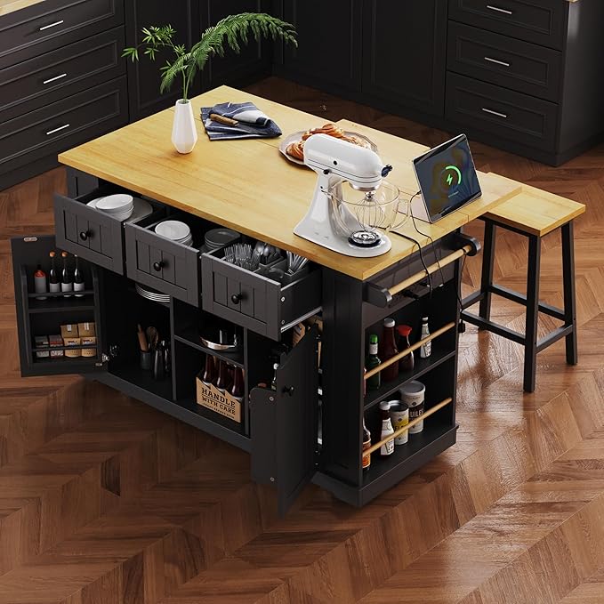 53" Large Kitchen Island with Drop Leaf,Power Outlet & Door Internal Storage Rack,Rolling Kitchen Cart on 5 Wheels W/ 5 Open Side Racks for Kitchen,Dining Room,Black(Not Include bar stools)