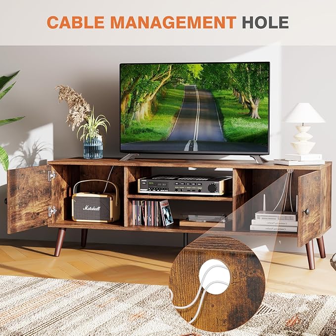 Sweetcrispy TV Stand for 55 60 inch TV, Modern Mid Century Entertainment Center with Storage Cabinet, Media Console Table for Living Room, Soft Hinge, Handle Door, Wooden Office Furniture, Brown