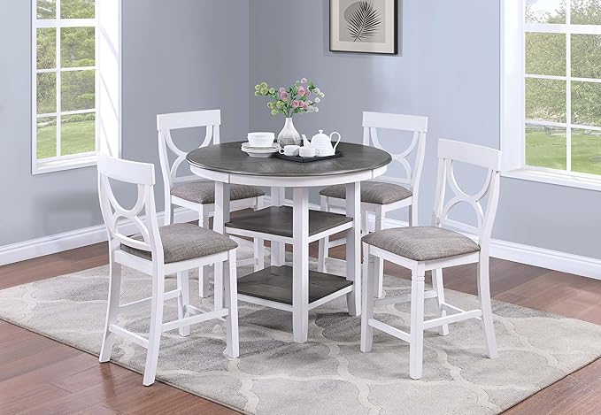 Poundex 5 Piece Counter Height Dining Set in White and Gray